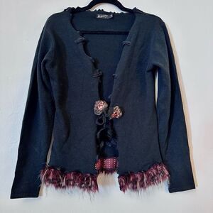 Lee Anderson Womens Ruffles Neckline Real Fur Trim Sweater Black Size XS Anthrop